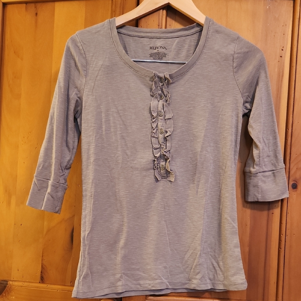 Merona Women's Long Sleeve Top with Ruffle Detail - Gray